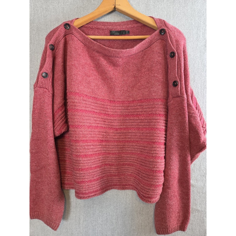 Prana Phono Sweater Womens L Striped Oversized Pullover Wool Blend Button Trim